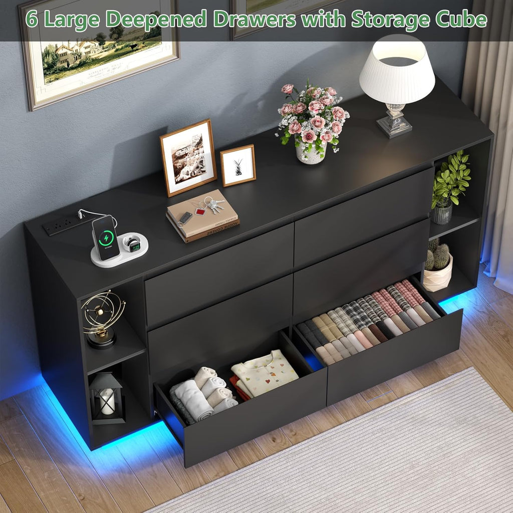 Loomie 6 Drawer Dresser for Bedroom, Modern Chest of Drawers with Power Outlet & LED Light, Double Wide Drawer Dresser Organizer Cabinet with Side Storage Shelves for Living Room (Black)