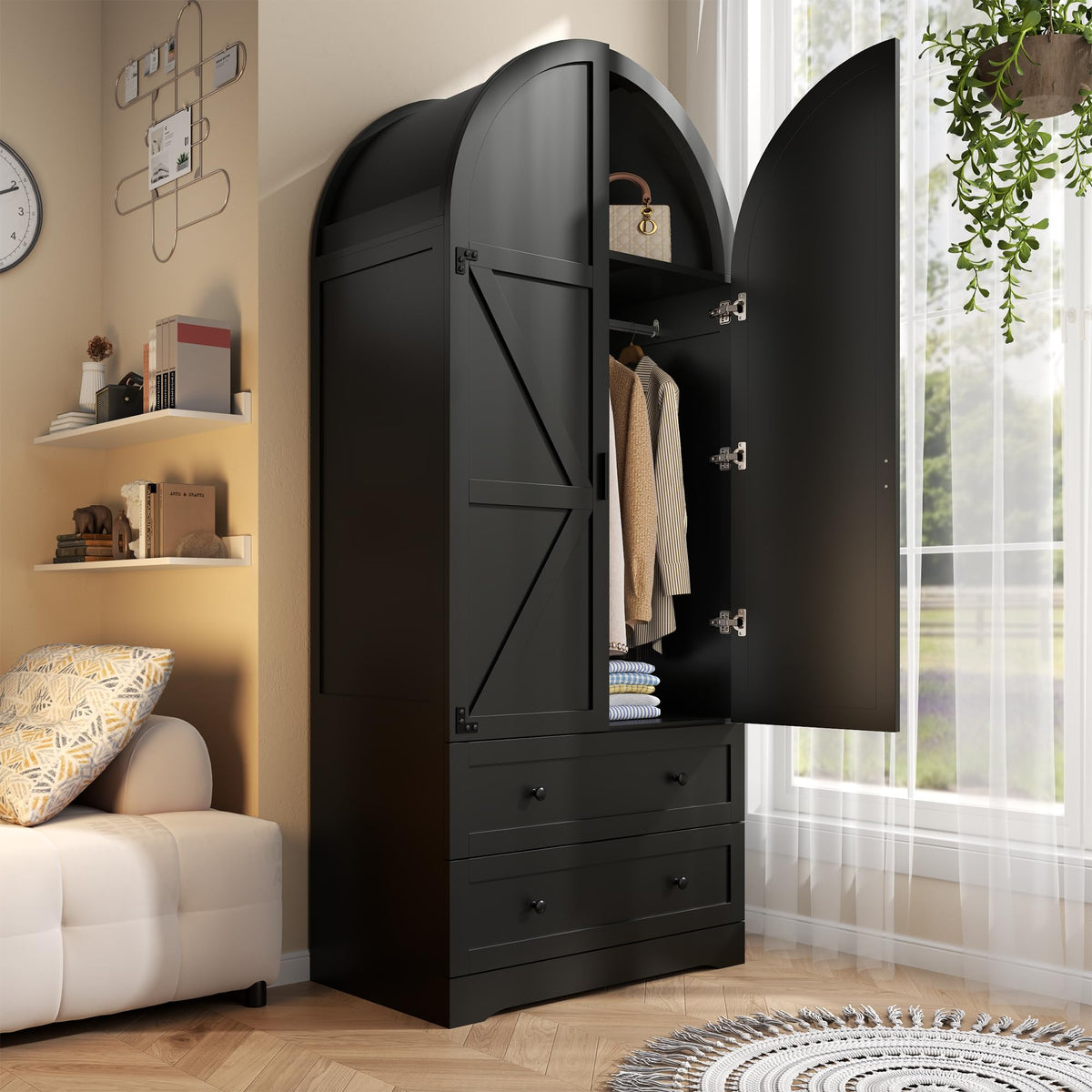 Gyfimoie 75" Armoire Wardrobe Closet with 2 Drawers and 2 Doors, Tall Bedroom Freestanding Armoire Storage Cabinet with Shelves, Wood Large Wardrobe Combination for Hanging Clothes (White)