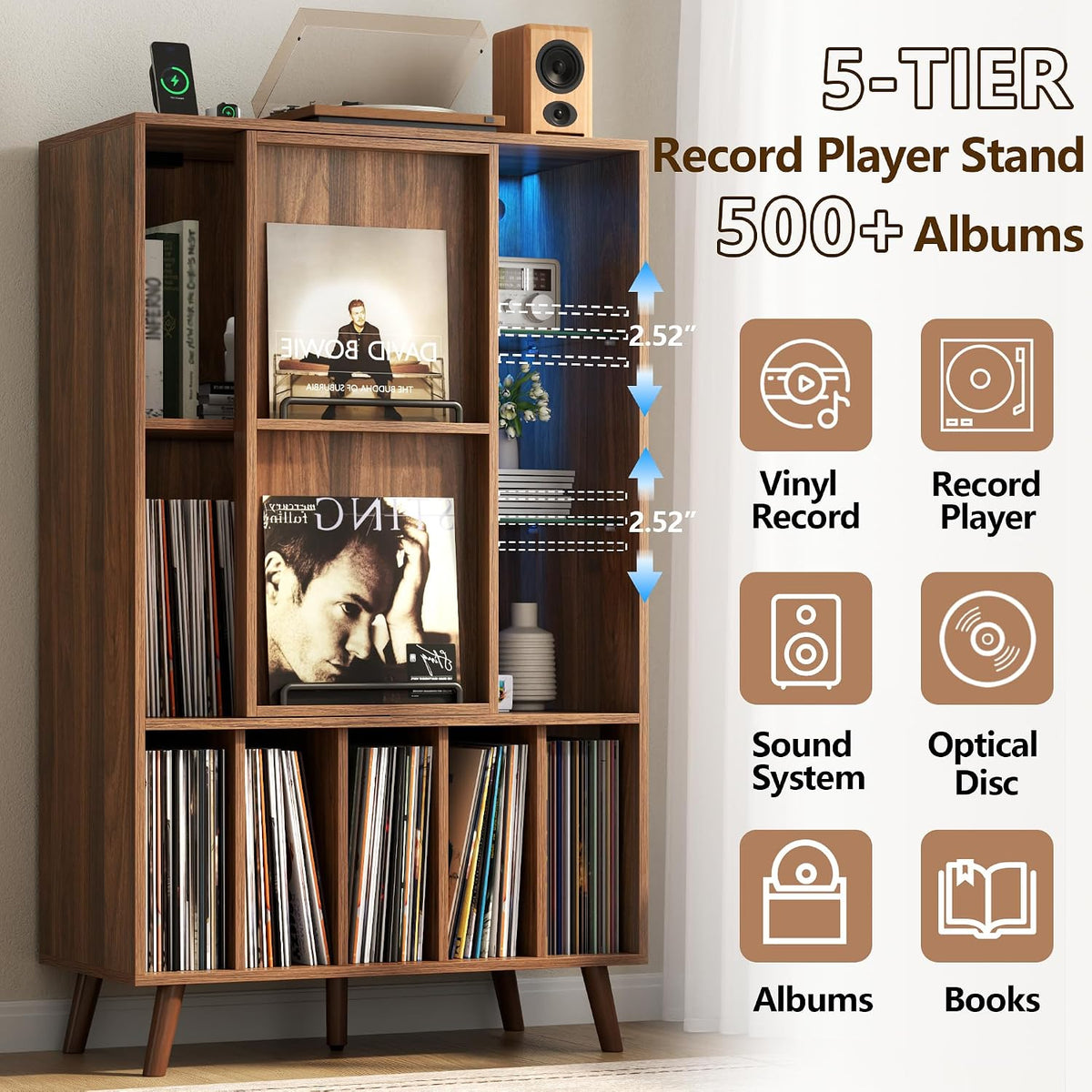 Large Record Player Stand w/Power Outlet & LED Lights, Holds Up 350+ Albums