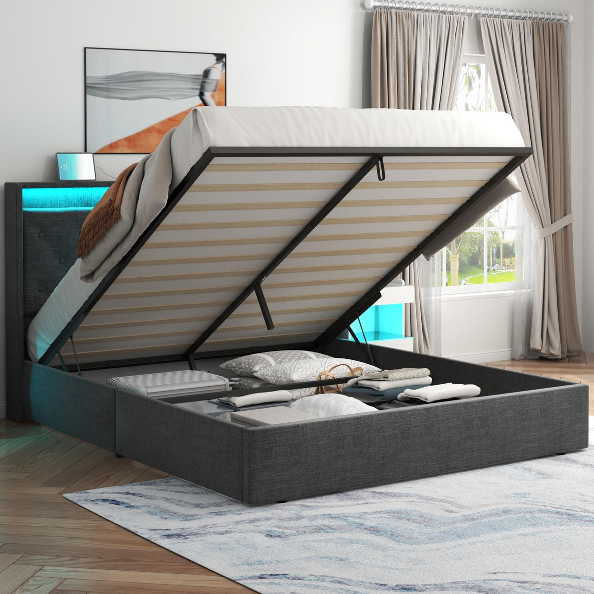 Full Lift Up Storage Bed Frame w/Charging Station & LED Lights, Dark Grey