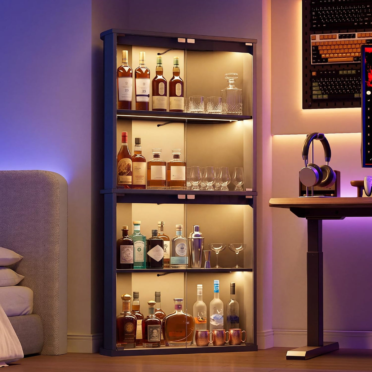 Corner Wine Bar Cabinet w/7 Color LED Lights & Human Body Sensor, 4-Tier Tall Home Liquor Coffee Bar Cabinet with Tempered Glass Doors,Curved Profile Design, Alcohol Cabinet Storage for Living Room