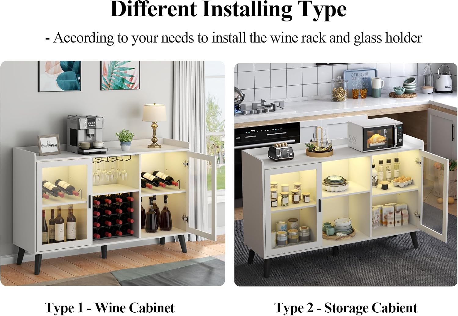Loomie Wine Bar Cabinet with LED Light, Home Coffee Cabinet with Wine Rack and Glass Holder, Kitchen Buffet Sideboard W Storage Shelf, Freestanding Liquor Cabinet for Living Room, Dining Room (White)