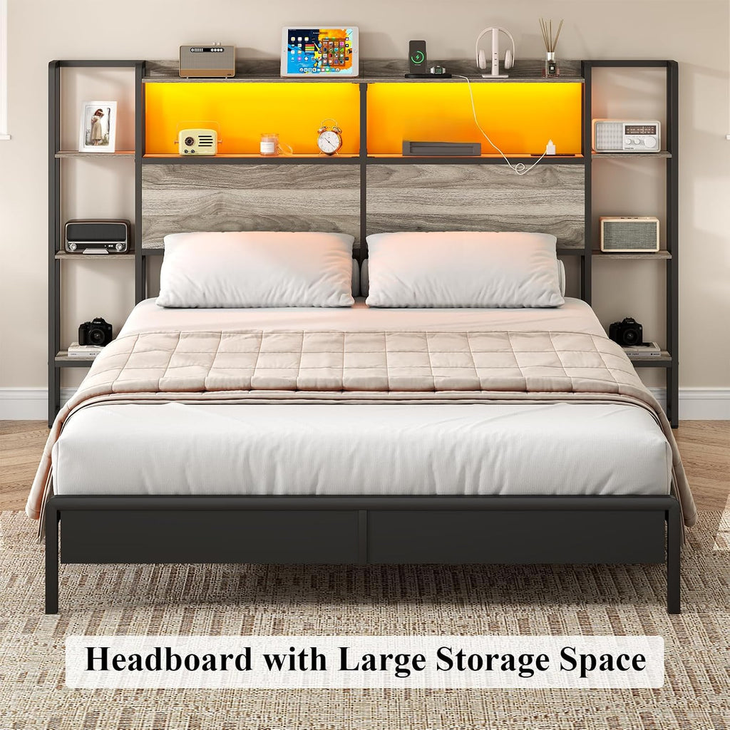 Loomie Headboard for Queen Size Bed with Storage, Headboards with LED Lights & Charging Station, Queen Size Head Board Only with Side 3-Tier Shelves & Bed Adapter for Bedroom,Height Adjustable