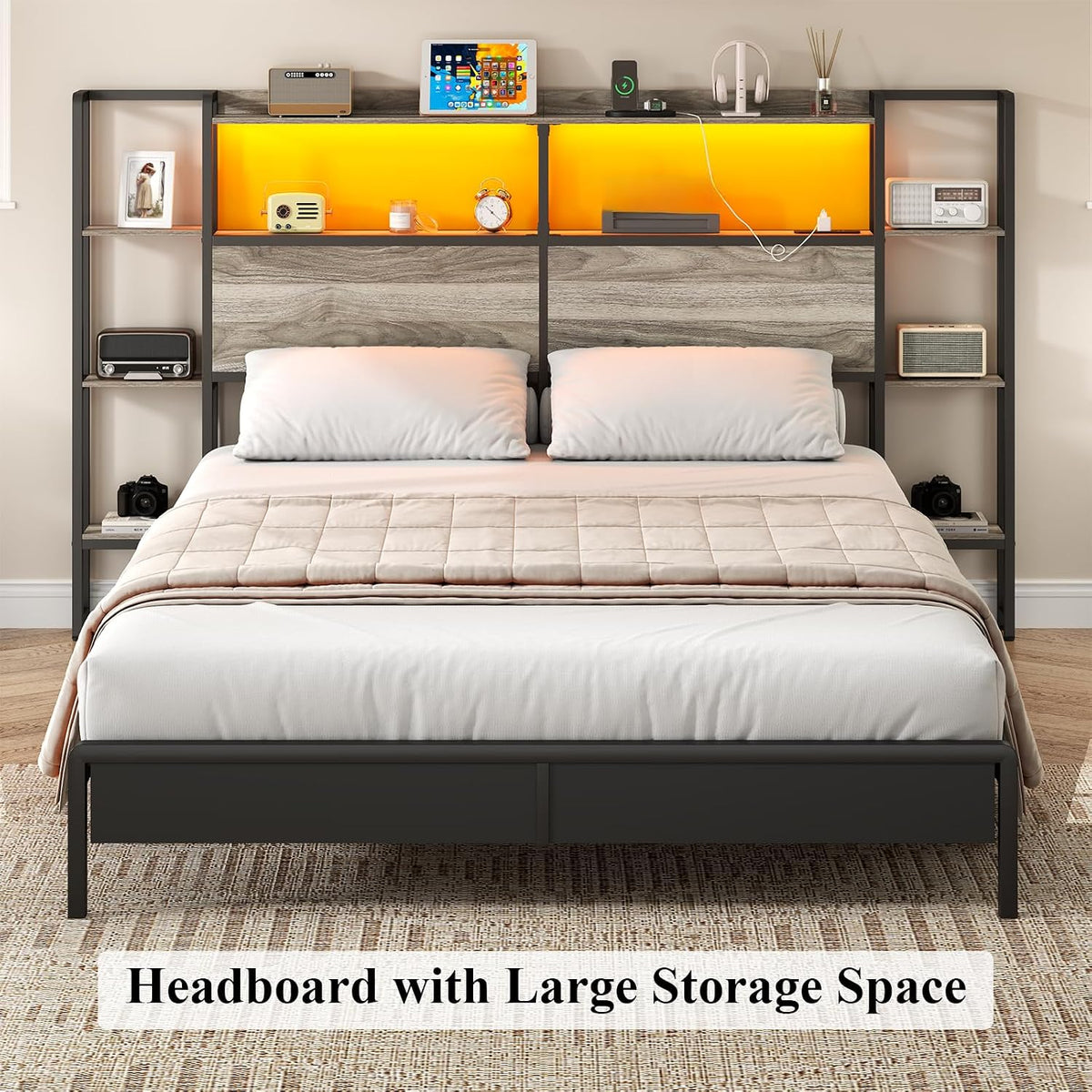 Loomie Headboard for Queen Size Bed with Storage, Headboards with LED Lights & Charging Station, Queen Size Head Board Only with Side 3-Tier Shelves & Bed Adapter for Bedroom,Height Adjustable