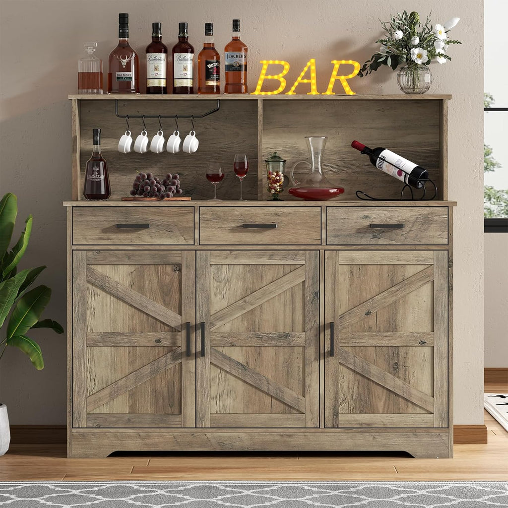 Grey Buffet Sideboard Storage Cabinet - 47" Large Double-Layer Kitchen Pantry Cabinet with 3 Drawers & 3 Doors, Modern Liquor Coffee Bar Buffet Table with Hutch for Dining Living Room