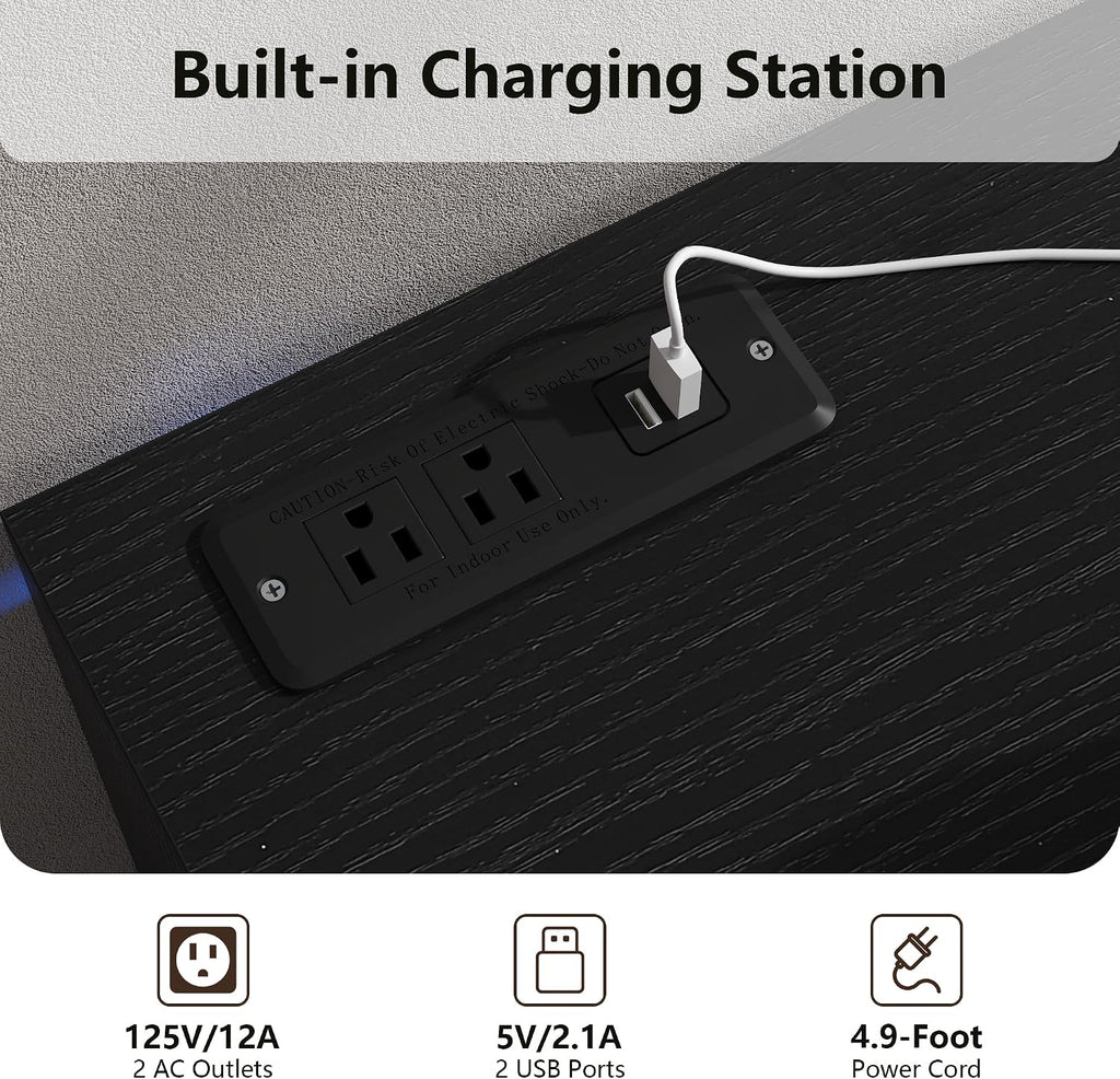 Night Stand with Charge Station Set of 2, Black Nightstand with Led Light, Modern Bedside Table with 2 Drawers and Open Storage Shelf, Fluted End Table for Bedroom, Living Room, Office (2, Black)