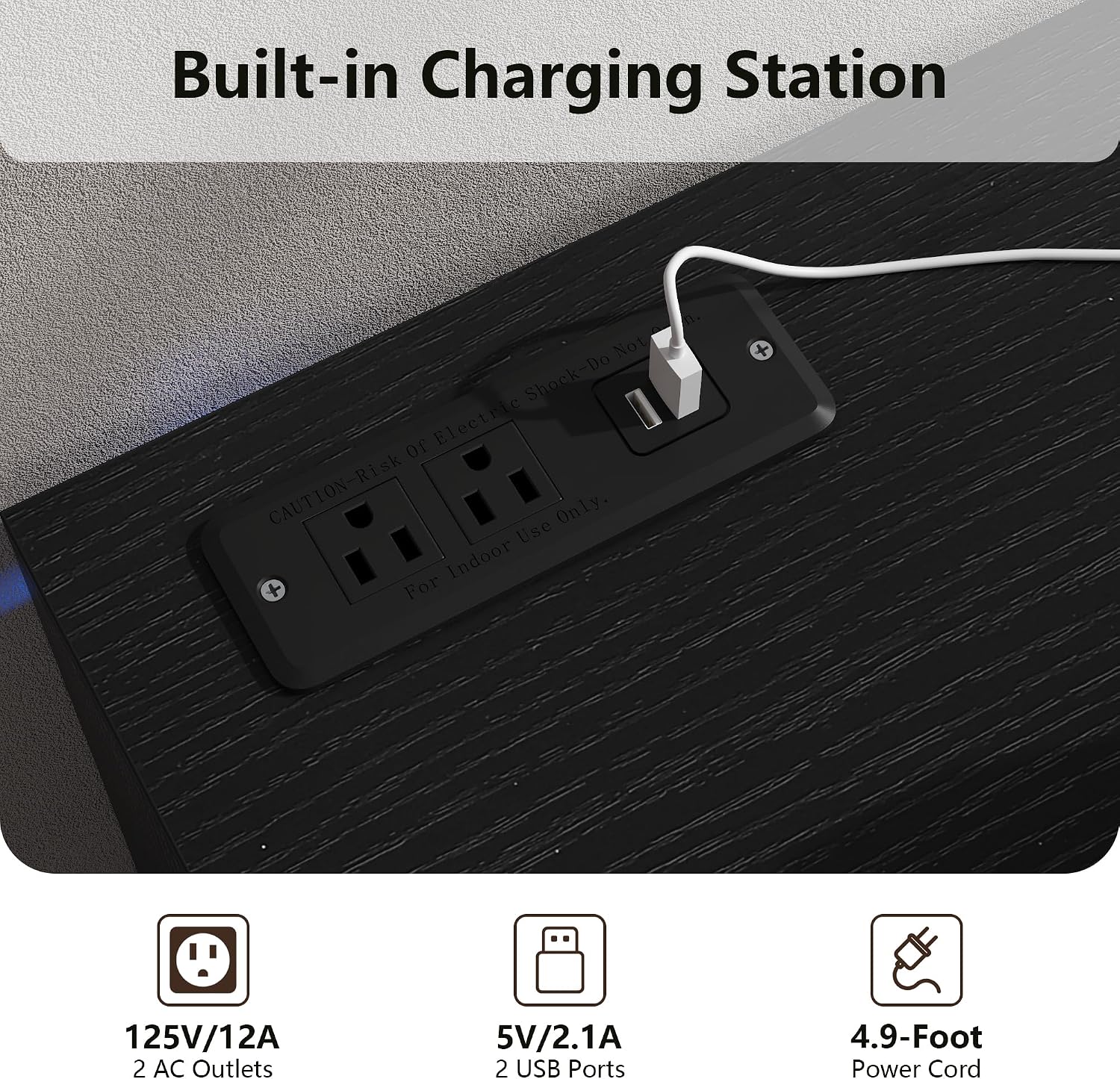 Night Stand with Charge Station Set of 2, Black Nightstand with Led Light, Modern Bedside Table with 2 Drawers and Open Storage Shelf, Fluted End Table for Bedroom, Living Room, Office (2, Black)