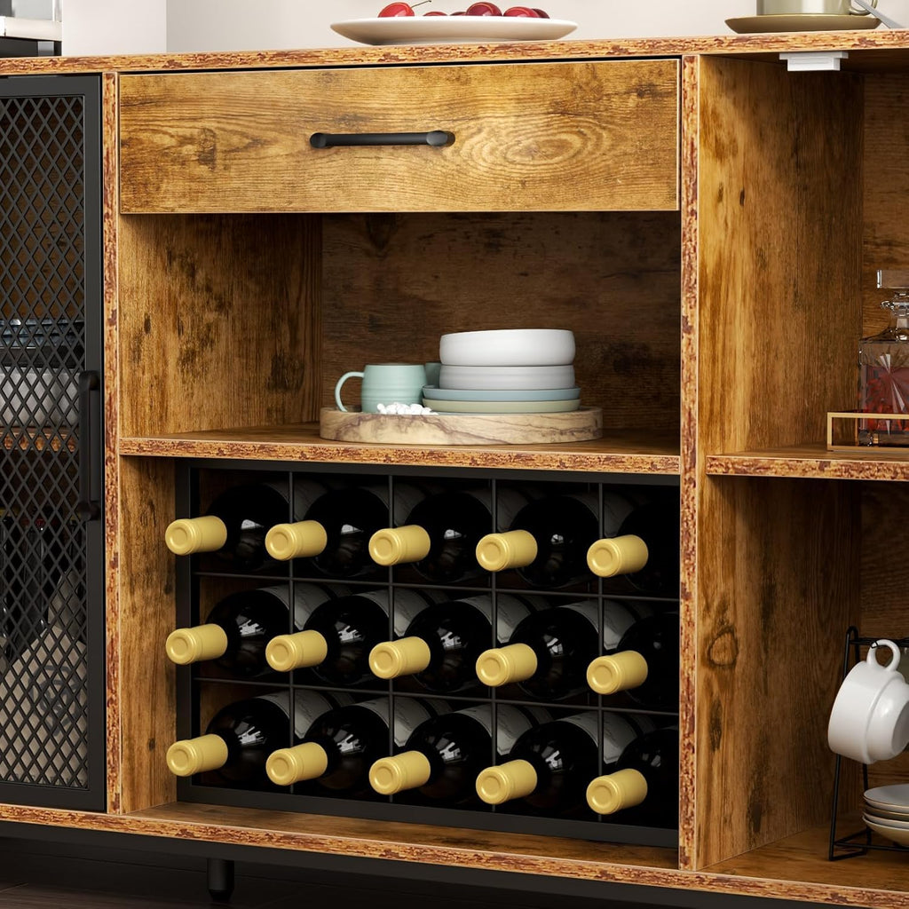 Large Bar Cabinet with Drawer Storage, Rustic Long Wine Cabinet with LED Lights, Farmhouse Wood Metal Liquor Cabinet with Wine Rack and Glass Goblet Holder, Sideboard Buffet for Kitchen,Dining Room