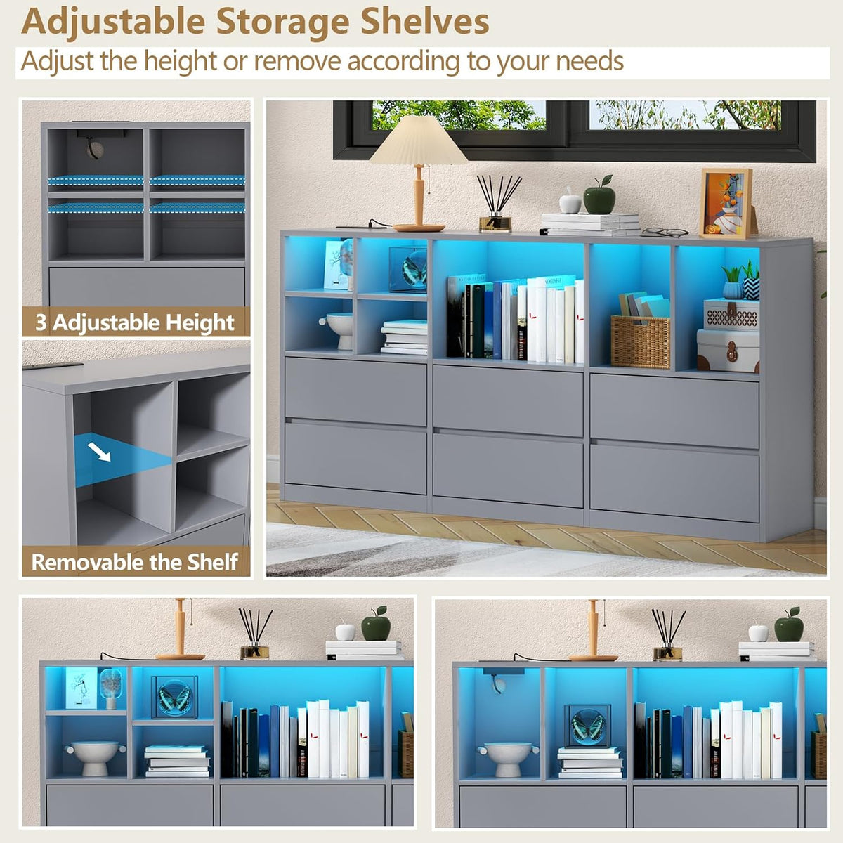 Grey Dresser for Bedroom, 63” Chest of Drawers with Charging Station