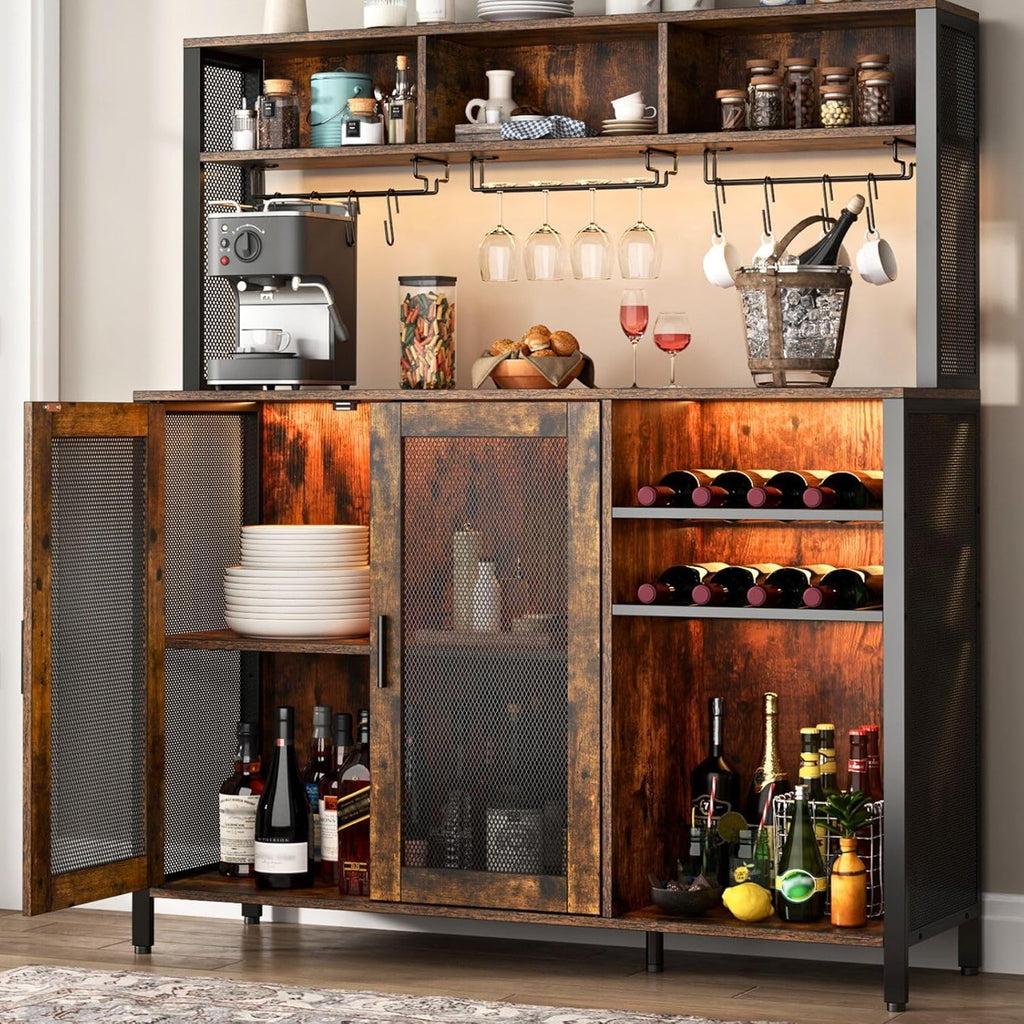 Loomie Wine Bar Cabinet with LED Light, Industrial Coffee Bar with Wine Rack & Glass Holder & 3 Compartments, Kitchen Buffet Sideboard with Storage, Liquor Cabinet, Rustic Brown
