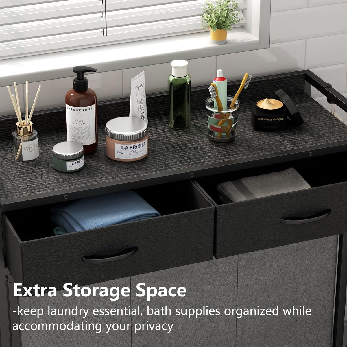 STIKELY Laundry Hamper Laundry Basket with 3 Section Pull-Out Rolling Bags, Laundry Sorter for Organization and Storage with 2 Pull-Out Drawers for Laundry Room, Bathroom, Bedroom Use (Black)
