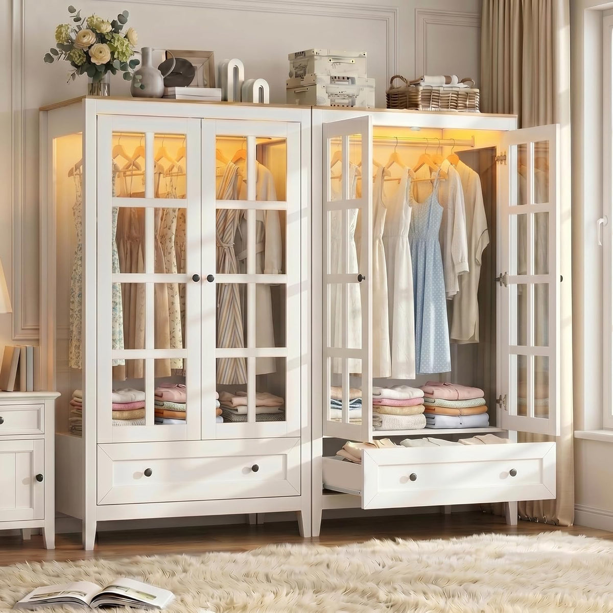 LED Armoire Wardrobe Closet with Glass Doors & Drawer, 55" Bedroom Armoire