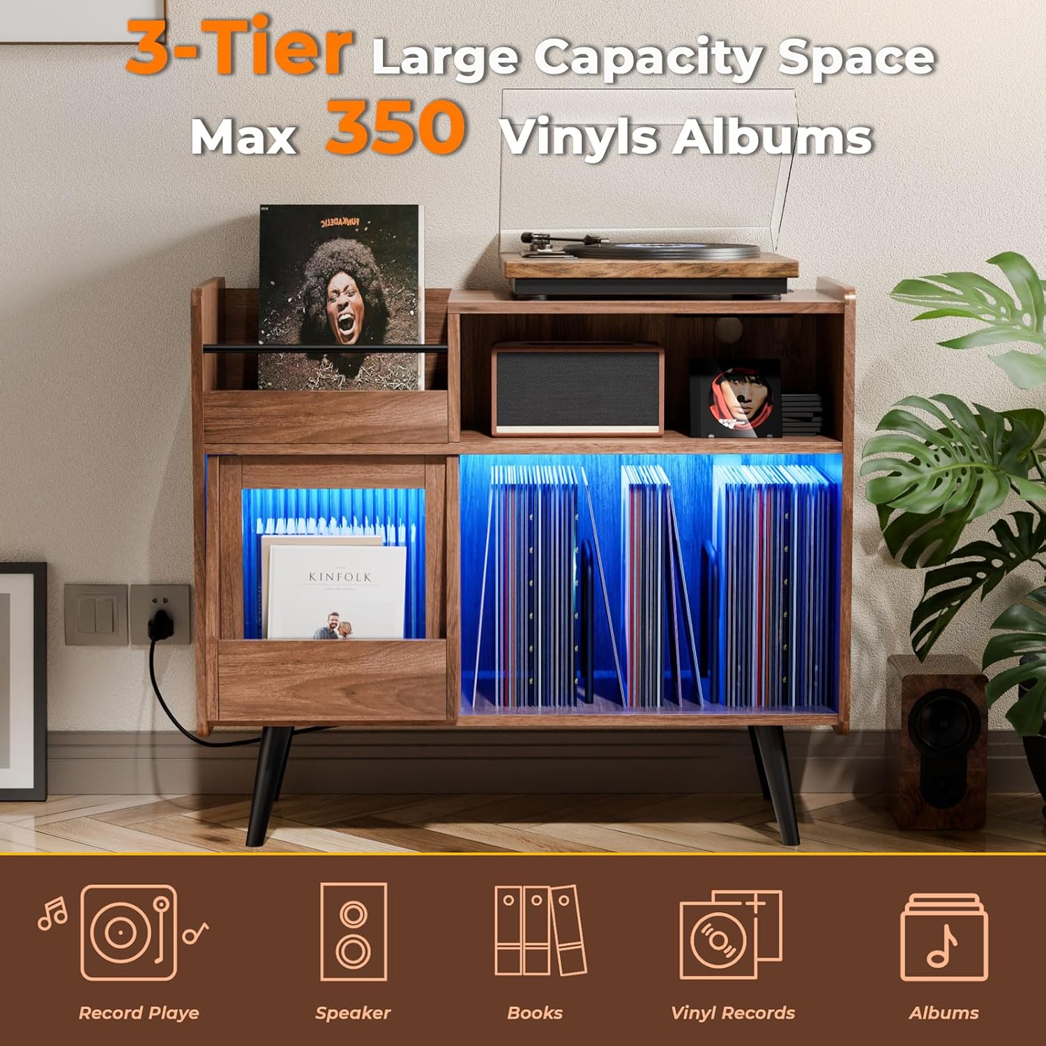 Loomie Upgraded Large Record Player Stand,Turntable Stand Shelf with with Power Outlet and LED Light,Vinyl Record Storage Cabinet Up to 350 Albums, Wood Record Player Holder Table for Living Room