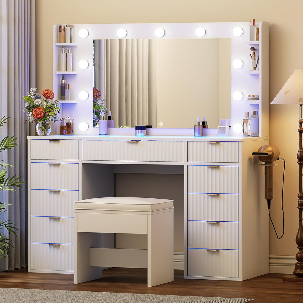 Vanity Desk with Glass Top and 11 LED Bulbs,Makeup table with Large Mirror & Power Outlet,Hair Dryer Holder,Dressing Table with 11 Drawers & Cushioned Stool for Women and Girls,Bedroom (White)