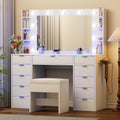 Vanity Desk with Glass Top and 11 LED Bulbs,Makeup table with Large Mirror & Power Outlet,Hair Dryer Holder,Dressing Table with 11 Drawers & Cushioned Stool for Women and Girls,Bedroom (White)