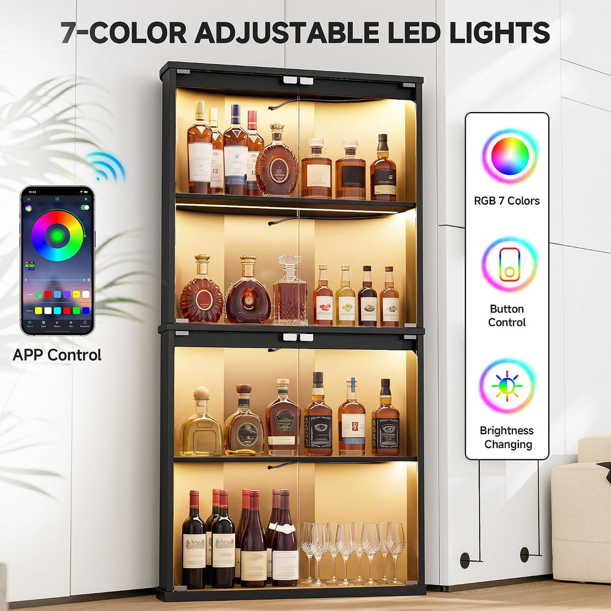 Corner Wine Bar Cabinet w/7 Color LED Lights & Human Body Sensor, 4-Tier Tall Home Liquor Coffee Bar Cabinet with Tempered Glass Doors,Curved Profile Design, Alcohol Cabinet Storage for Living Room