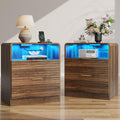 Night Stand with Charge Station Set of 2, Black Nightstand with Led Light, Modern Bedside Table with 2 Drawers and Open Storage Shelf, Fluted End Table for Bedroom, Living Room, Office (2, Black)