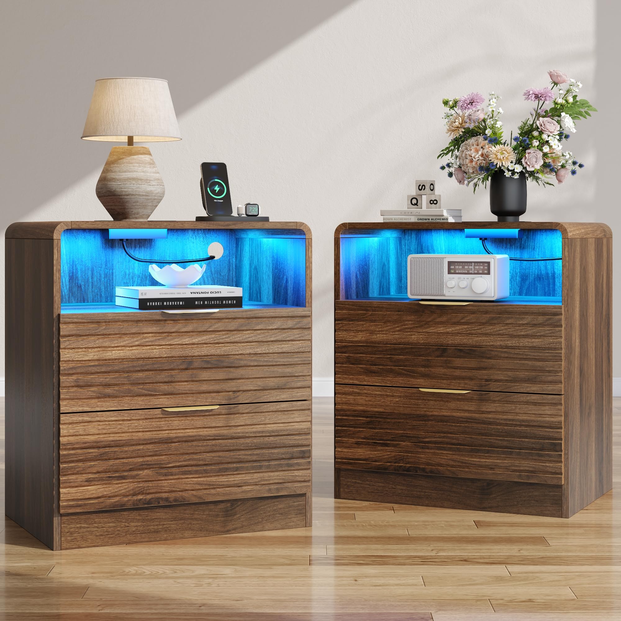 Night Stand with Charge Station Set of 2, Black Nightstand with Led Light, Modern Bedside Table with 2 Drawers and Open Storage Shelf, Fluted End Table for Bedroom, Living Room, Office (2, Black)