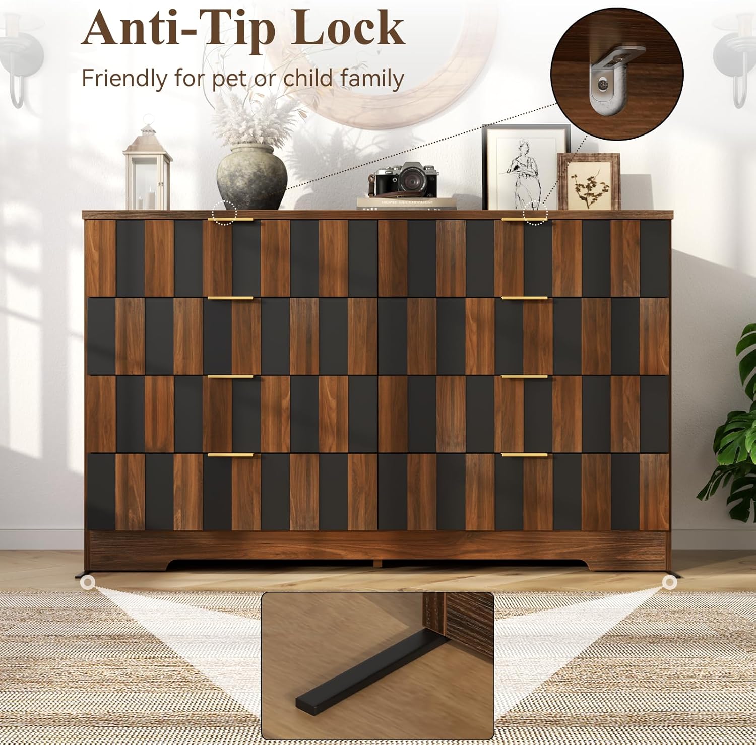 Loomie 8 Drawer Dresser for Bedroom, 47" Wide Chest of Drawers with Anti-Tipping Design, Large Storage Drawers w/Metal Handles, Deep Closet Dresser for Living Room, Entryway, Black-Walnut Color