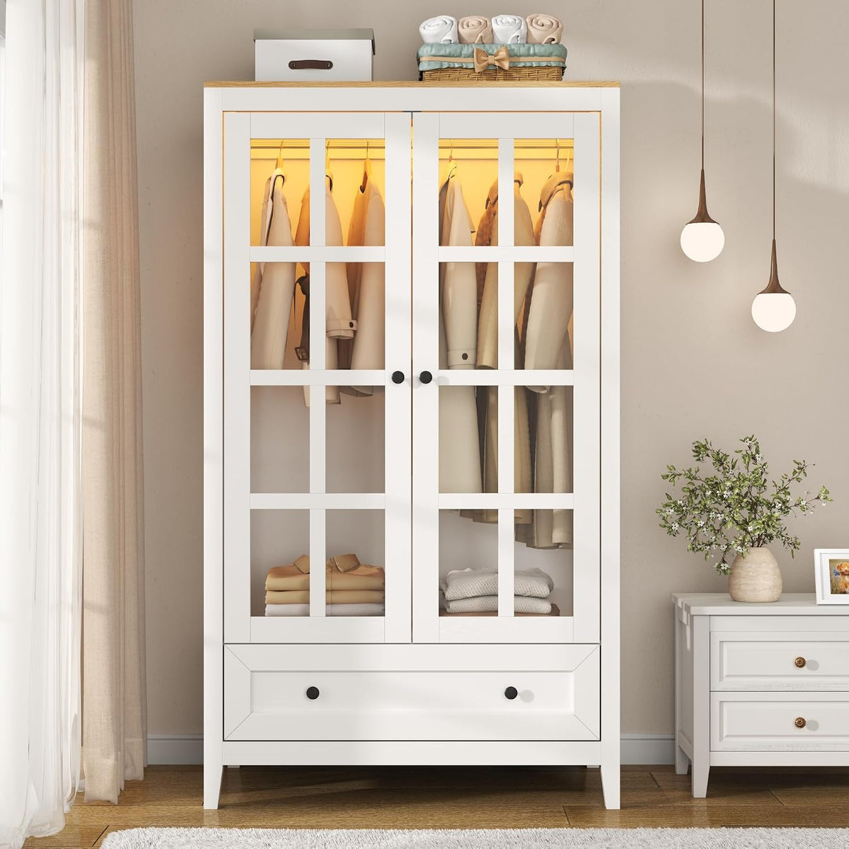 LED Armoire Wardrobe Closet with Glass Doors & Drawer, 55" Bedroom Armoire
