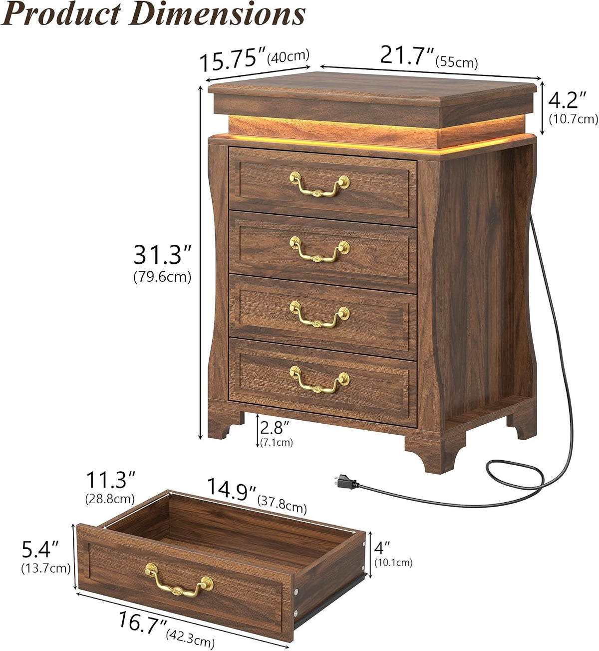 Night Stand with Hidden Gun Drawer, Walnut Bedside Table with Charge Station & LED Lights, Modern End Table with 4 Drawers, Nightstands for Bedroom, Living Room