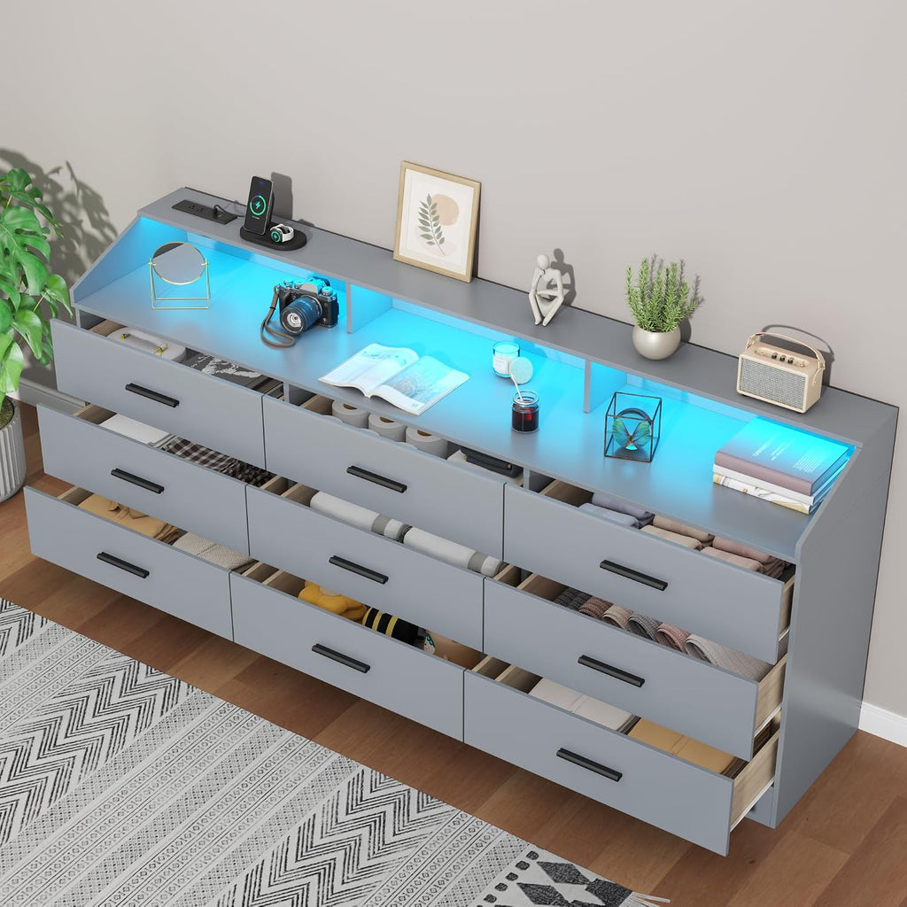 9 Drawer Dresser with Power Outlet, Chest of Drawers with LED Light