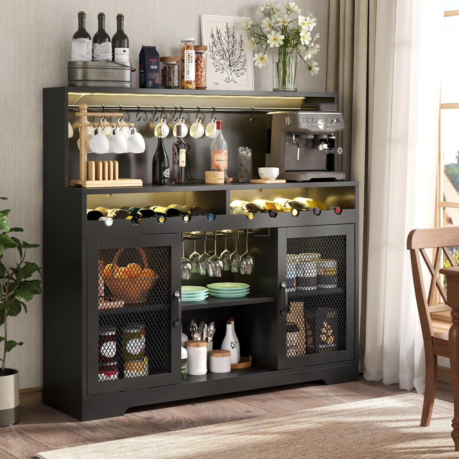 Loomie Wine Bar Cabinet with LED Light, Liquor Cabinet with Glass Holder, Coffee Bar for Liquor, Storage Buffet with Wine Racks, Wine Cabinet with Mesh Door (Black)