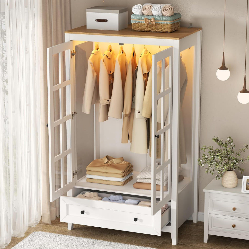 LED Armoire Wardrobe Closet with Glass Doors & Drawer, 55" Bedroom Armoire