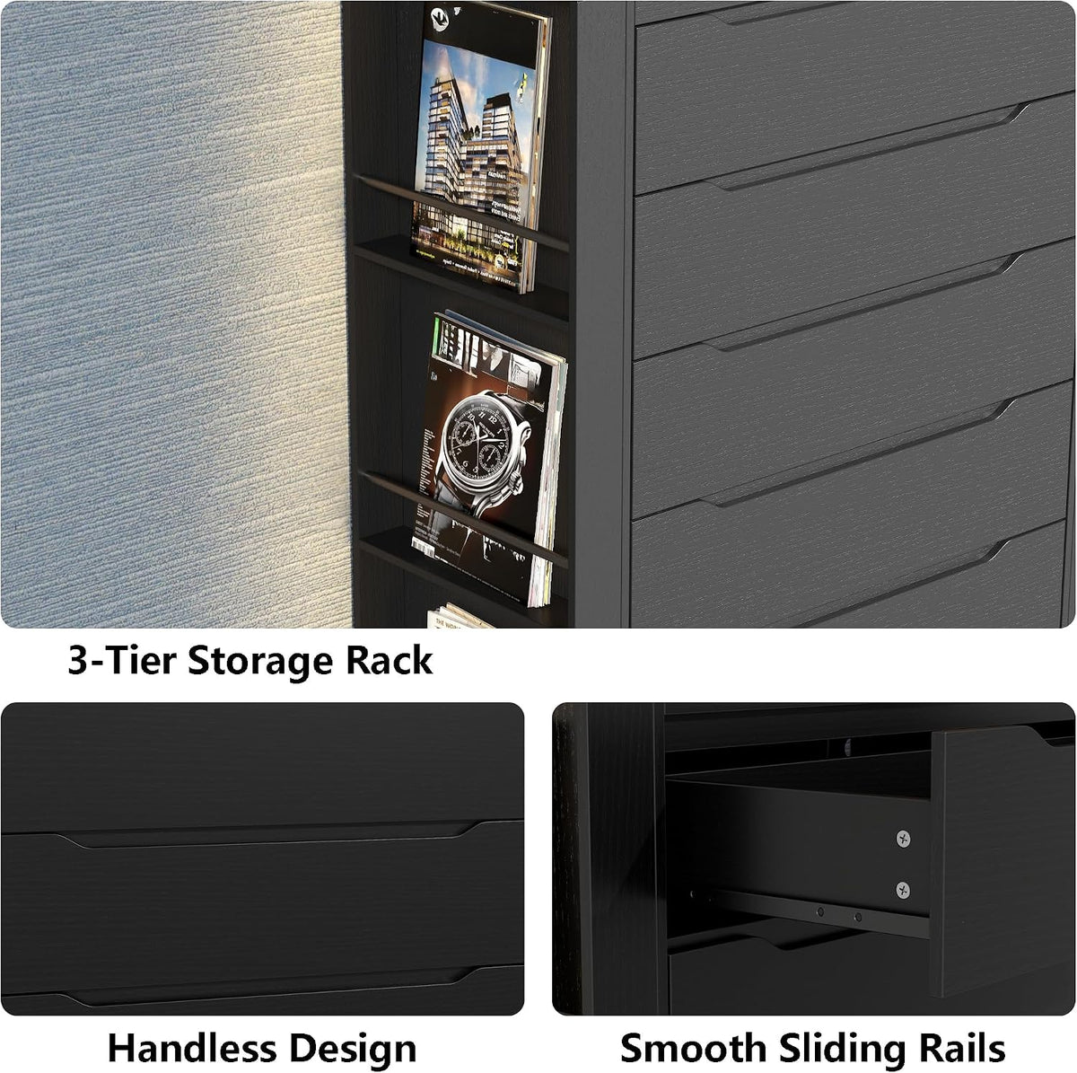 Black 5 Drawers Dresser for Bedroom,Tall Modern Dressers & Chest of Drawers