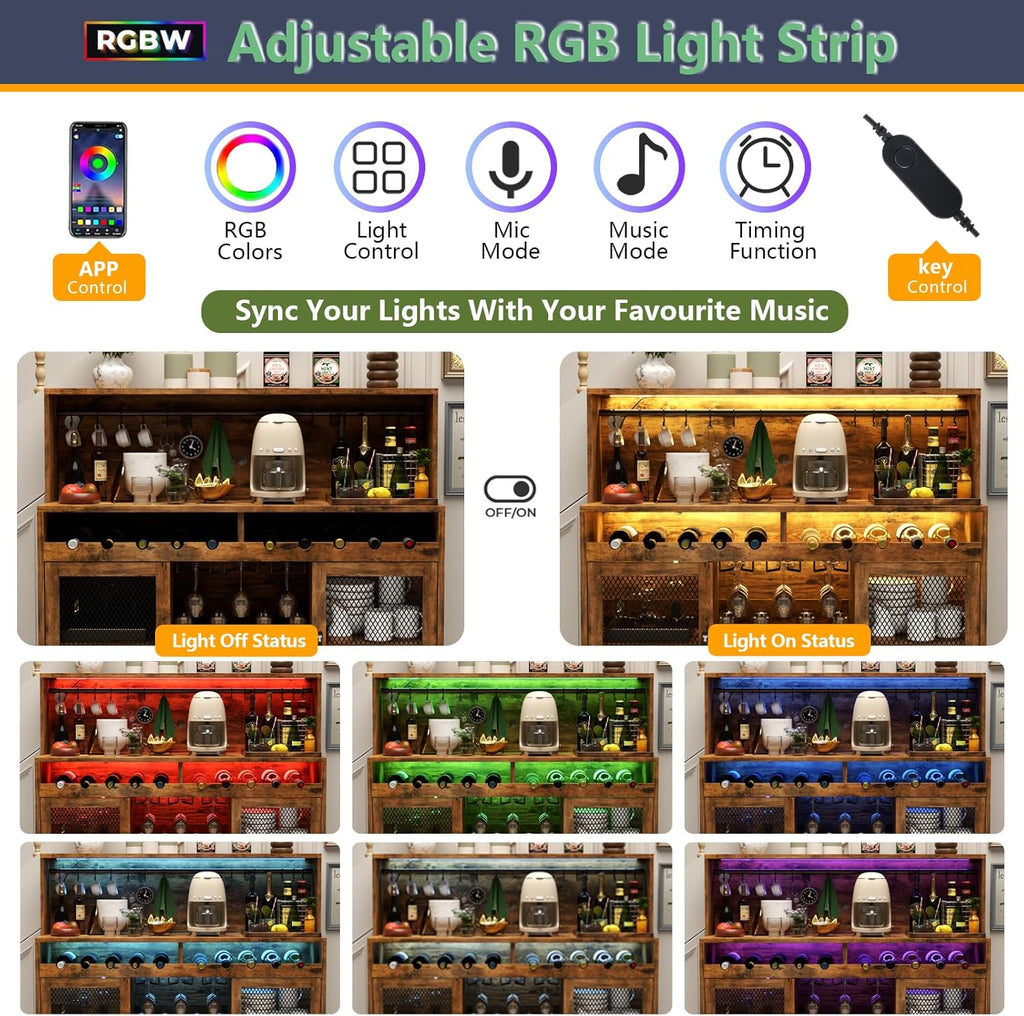 Loomie Wine Bar Cabinet with LED Light, Liquor Cabinet with Glass Holder, Coffee Bar for Liquor, Storage Buffet with Wine Racks, Wine Cabinet with Mesh Door (Rustic)