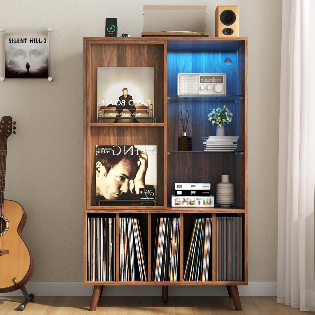 Large Record Player Stand w/Power Outlet & LED Lights, Holds Up 350+ Albums
