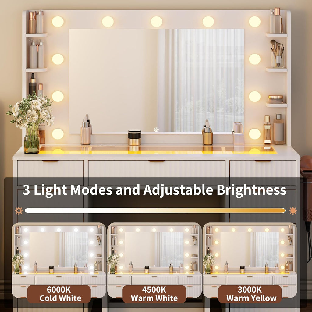 Vanity Desk with Glass Top and 11 LED Bulbs,Makeup table with Large Mirror & Power Outlet,Hair Dryer Holder,Dressing Table with 11 Drawers & Cushioned Stool for Women and Girls,Bedroom (White)