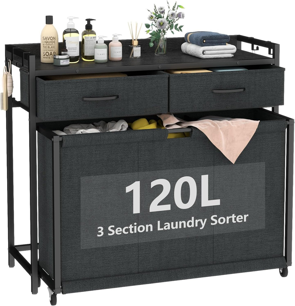 Loomie Laundry Hamper Laundry Basket with 3 Section Pull-Out Rolling Bags, Laundry Sorter for Organization and Storage with 2 Pull-Out Drawers for Laundry Room