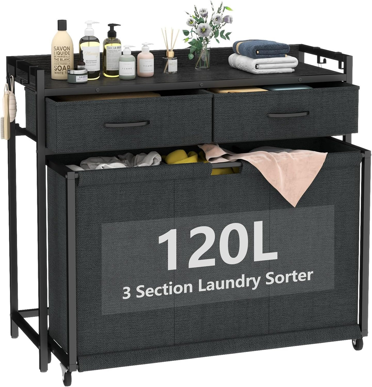 Loomie Laundry Hamper Laundry Basket with 3 Section Pull-Out Rolling Bags, Laundry Sorter for Organization and Storage with 2 Pull-Out Drawers for Laundry Room