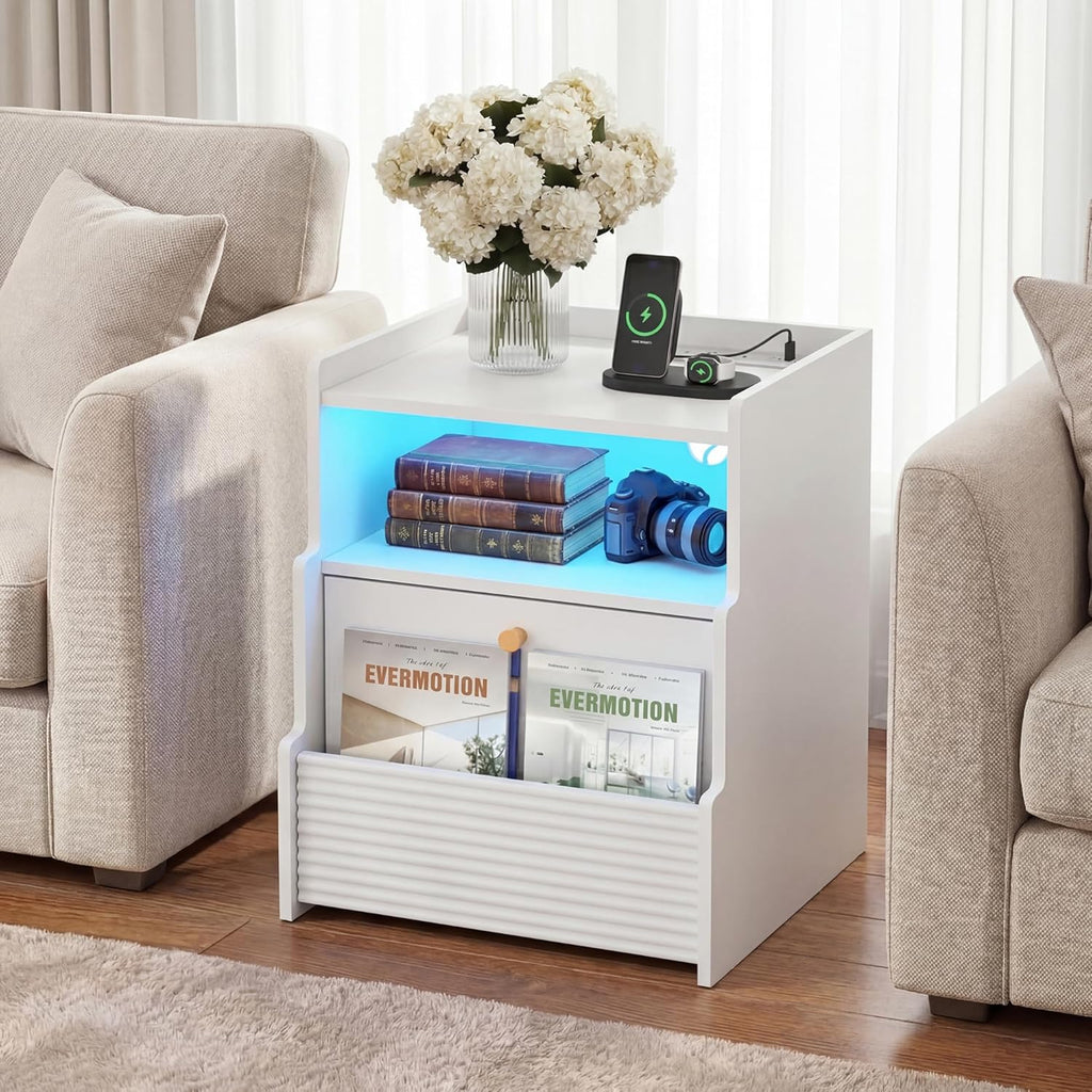 Fluted Nightstand with Charging Station, Modern Bedside Table with LED Lights & Drawers, End Table with Open Compartment for Bedroom, White