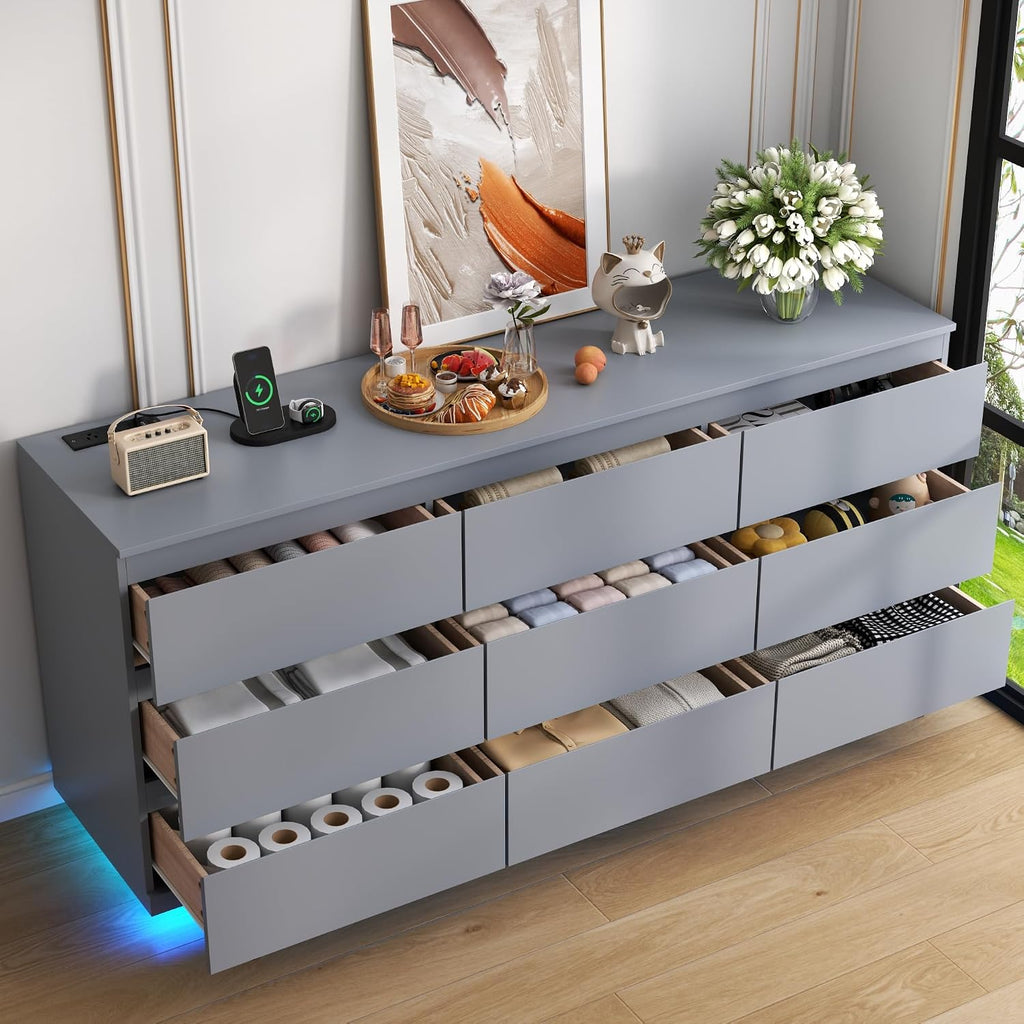 Gyfimoie 9 Drawer Dresser with Power Outlet, Floating White Dresser Chest of Drawer with LED Light,Modern Double Wide Drawer Organizer Cabinet for Bedroom,Living Room