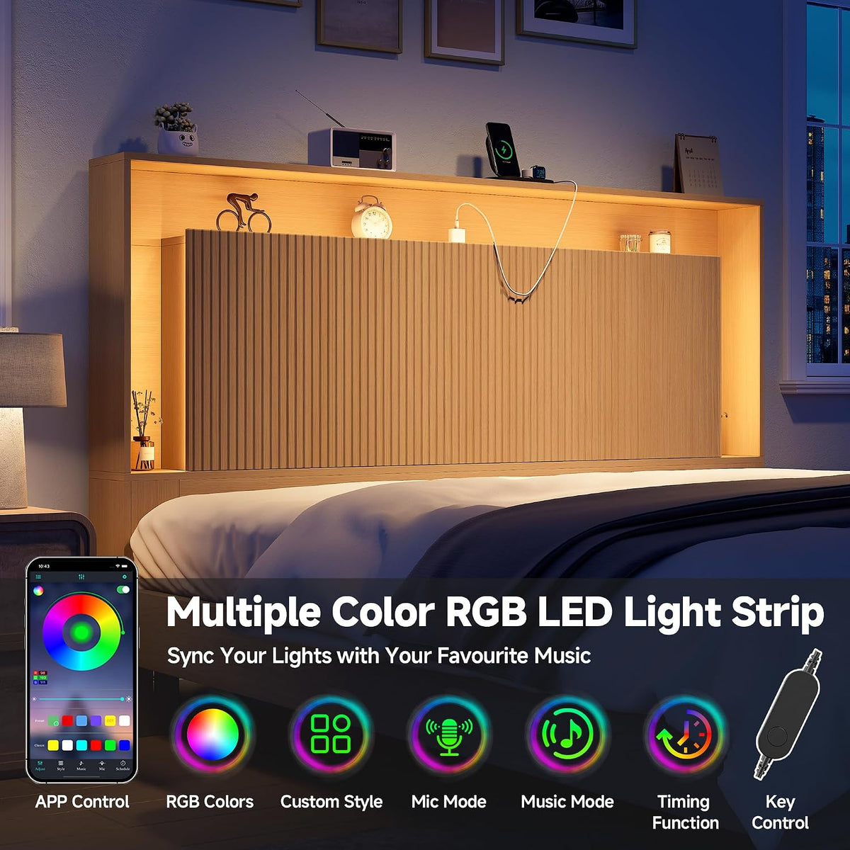 Queen Size Headboard Only w/Storage,Headboard w/Charging Station &LED Light
