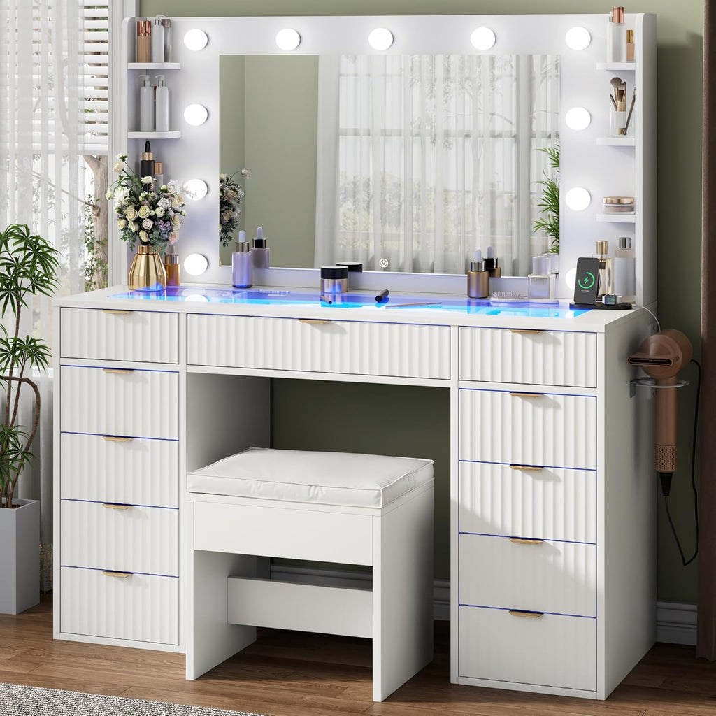 Vanity Desk with Glass Top and 11 LED Bulbs,Makeup table with Large Mirror & Power Outlet,Hair Dryer Holder,Dressing Table with 11 Drawers & Cushioned Stool for Women and Girls,Bedroom (White)