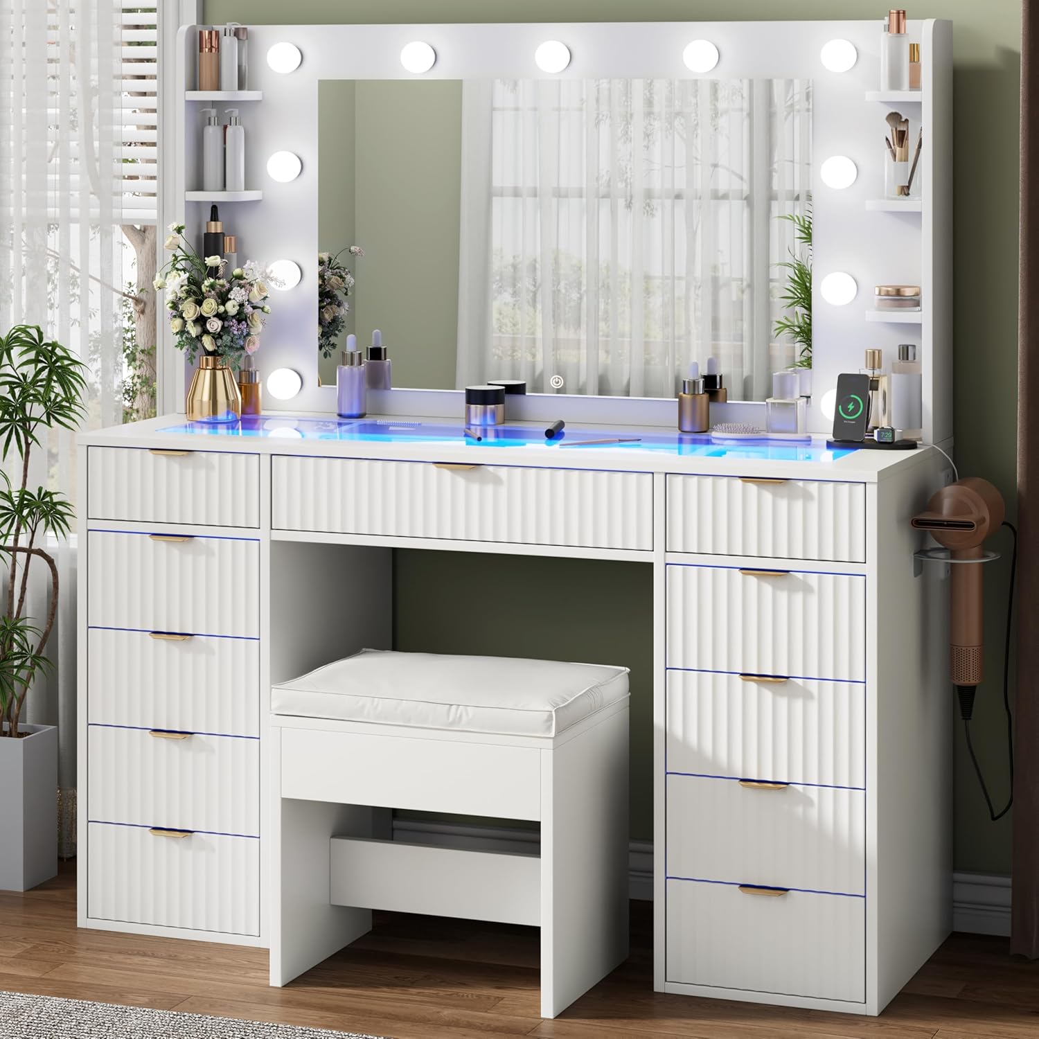 Vanity Desk with Glass Top and 11 LED Bulbs,Makeup table with Large Mirror & Power Outlet,Hair Dryer Holder,Dressing Table with 11 Drawers & Cushioned Stool for Women and Girls,Bedroom (White)