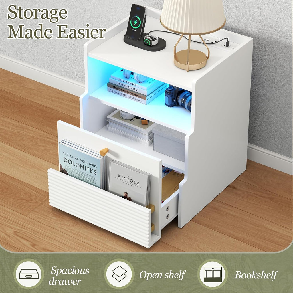 Fluted Nightstand with Charging Station, Modern Bedside Table with LED Lights & Drawers, End Table with Open Compartment for Bedroom, White