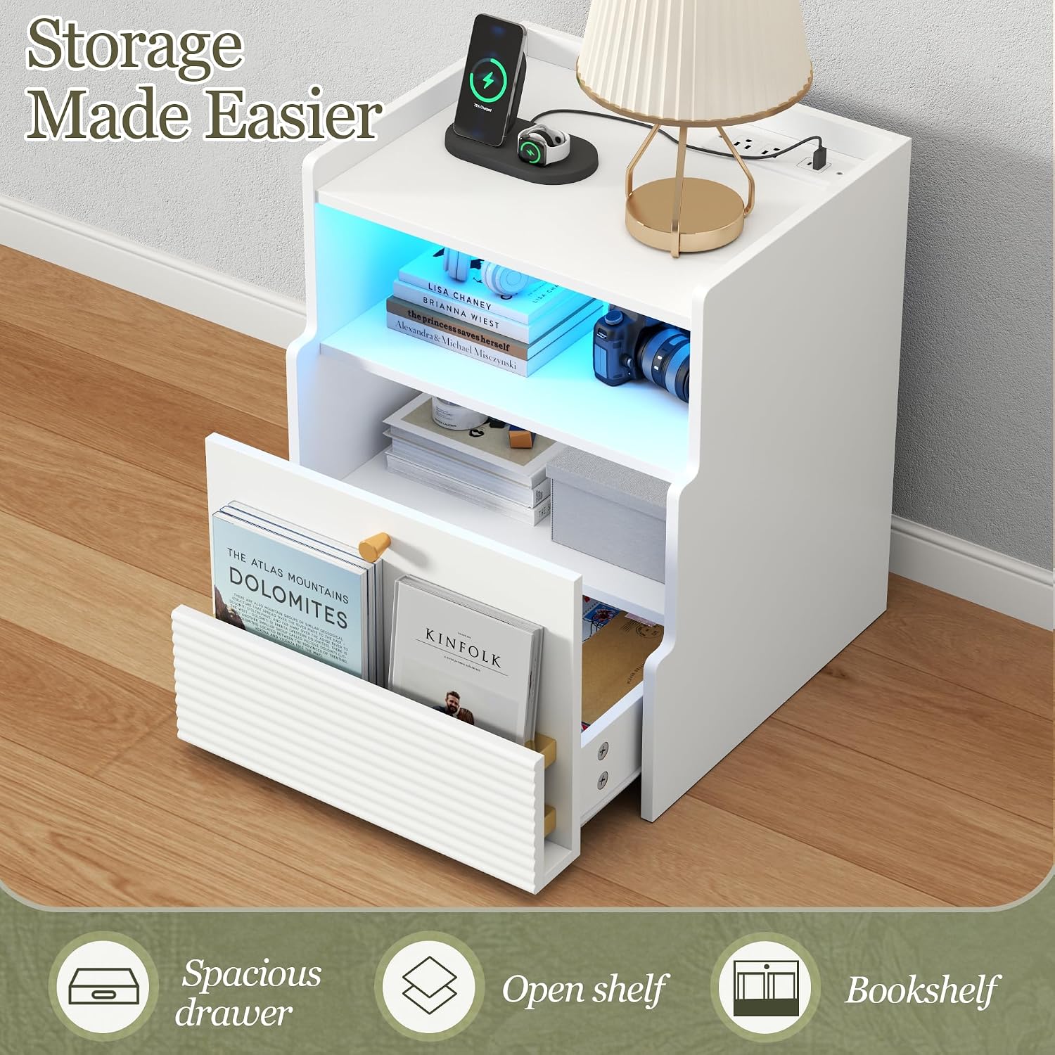 Fluted Nightstand with Charging Station, Modern Bedside Table with LED Lights & Drawers, End Table with Open Compartment for Bedroom, White