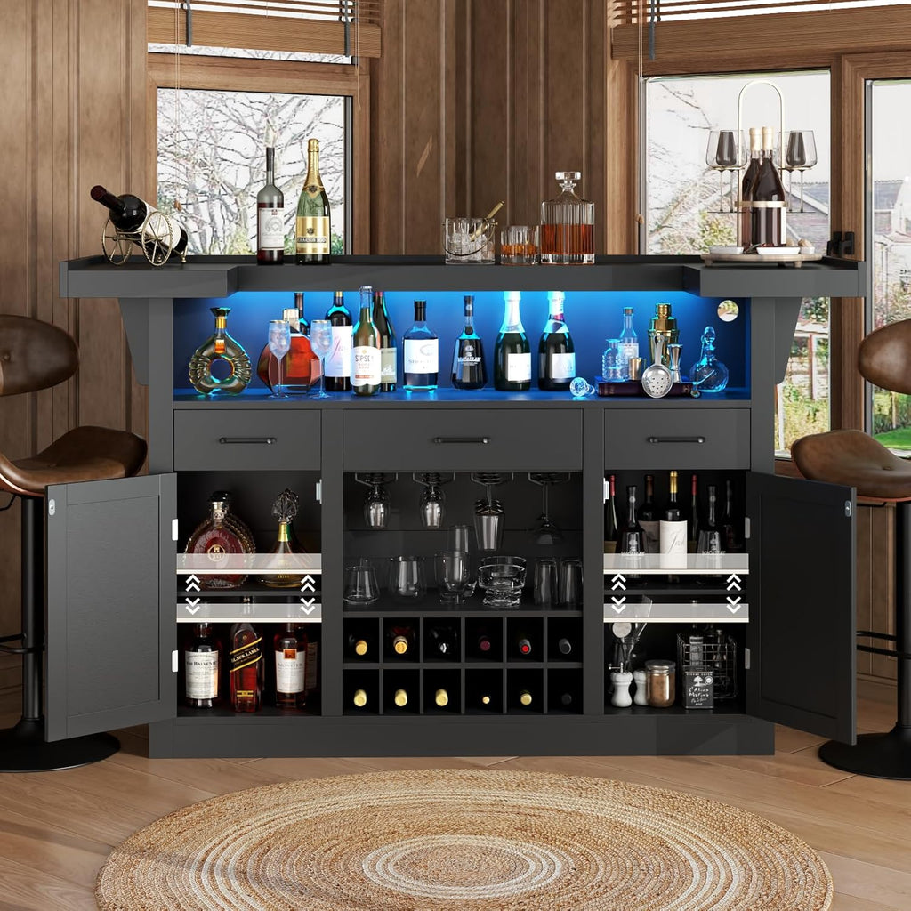 Loomie Bar Table Cabinet with LED & 3 Drawers,Liquor Bar with Adjustable Storage Shelves & Stemware Holders, Crescent Shaped Counter for Home Pub, Wine Alcohol Bar Stand with Door & Wine Rack (Black)