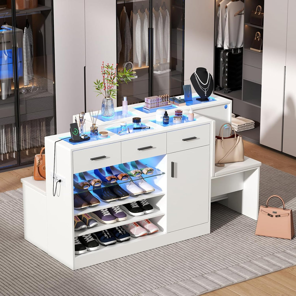 Makeup Vanity Storage Island with Charging & LED Light,Wardrobe Closet Island with Glass Tabletop and Bench, Modern Storage Display Cabinet with Drawers and Shelves for Dressing Room Cloakroom（White）