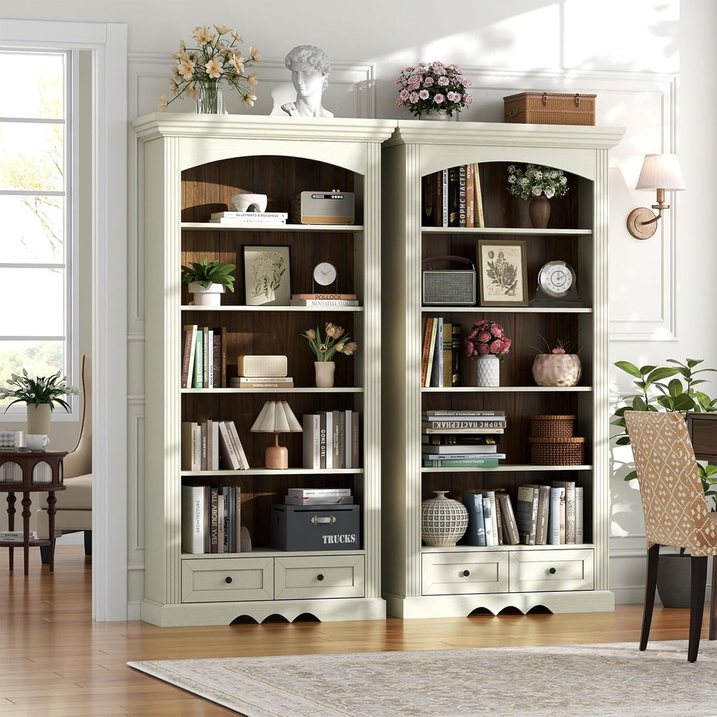 Gyfimoie 71’’ Tall Arched Bookcase with Stroage, Farmhouse 5-Tier Arch Bookshelf with Drawers, Freestanding Book Shelf with Adjustable Shelf and Roman Column Pattern for Home Office (1, White)