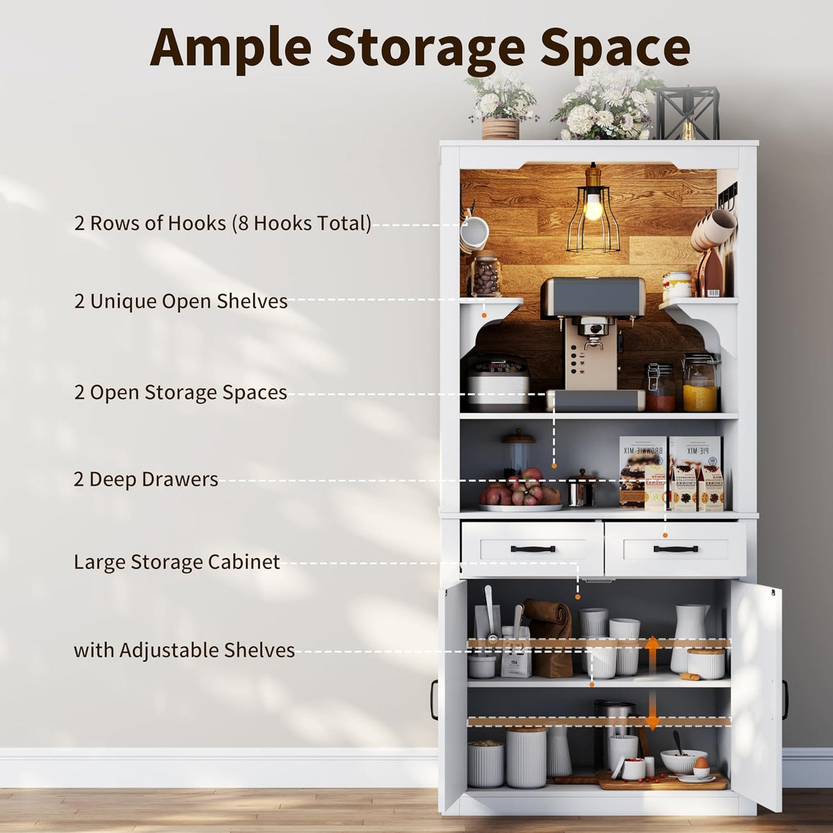 Farmhouse Coffee Bar Cabinet with Led Light - 70.8'' Tall Coffee Hutch Cabinet with Storage Drawers & Hooks, White Buffet Sideboard Cabinet with Microwave Stand, Wine Bar Cabinet for Home Pub, Kitchen