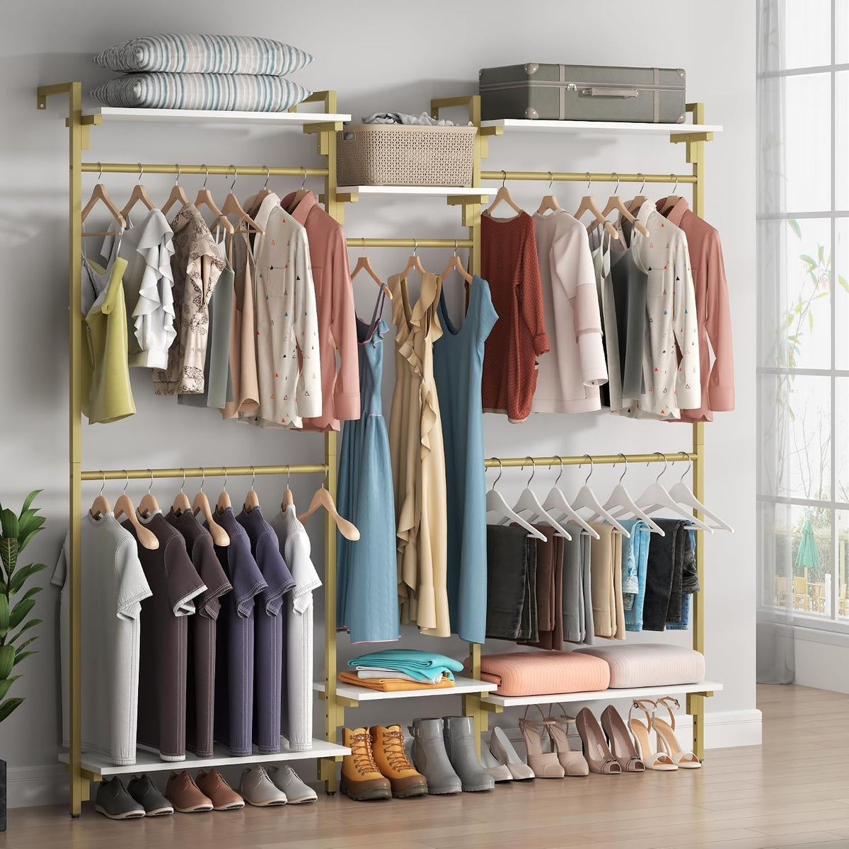 White/Gold Wall Mount Clothes Rack with 5 Hanging Rods, 6 Storage Shelves