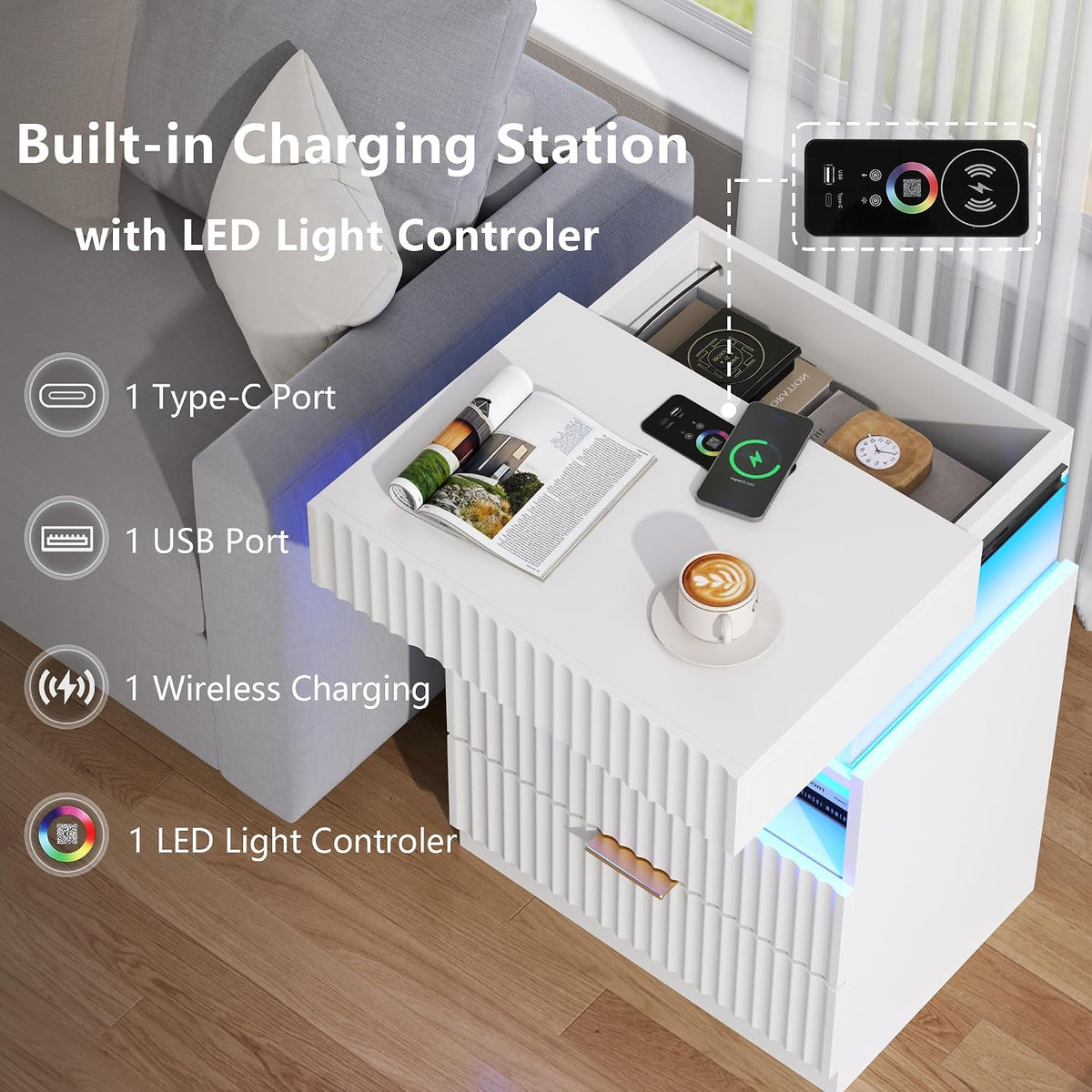 Night Stand with Wireless Charging Station, White Bedside Table with Hidden Gun Drawer & LED Lights, Modern End Table with 2 Drawers, Fluted Nightstands with Open Storage Shelf for Bedroom