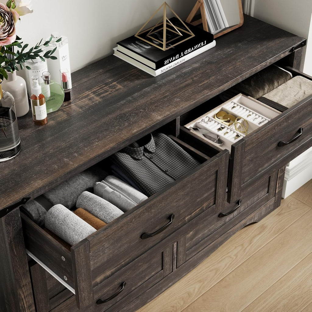 Loomie Farmhouse 6 Drawers Double Dresser for Bedroom, Modern White Dresser Chest of Drawers, Wide Dressers Organizer, Accent Storage Cabinet for Closet, Living Room, Hallway, Dark Rustic Oak