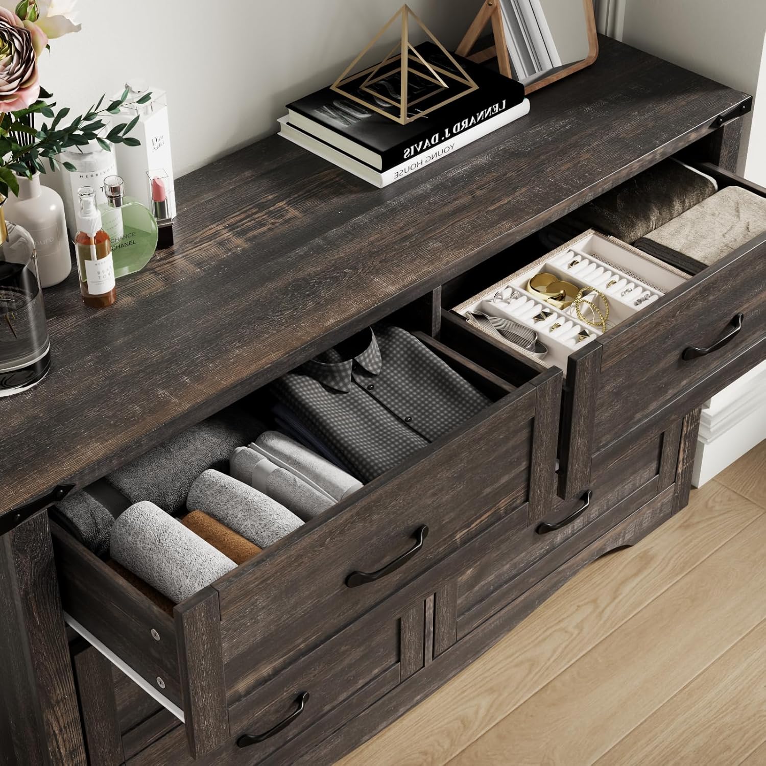 Loomie Farmhouse 6 Drawers Double Dresser for Bedroom, Modern White Dresser Chest of Drawers, Wide Dressers Organizer, Accent Storage Cabinet for Closet, Living Room, Hallway, Dark Rustic Oak