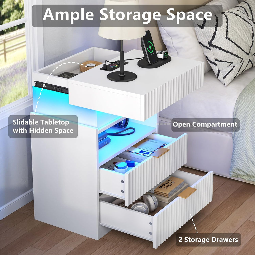 Night Stand with Wireless Charging Station, White Bedside Table with Hidden Gun Drawer & LED Lights, Modern End Table with 2 Drawers, Fluted Nightstands with Open Storage Shelf for Bedroom